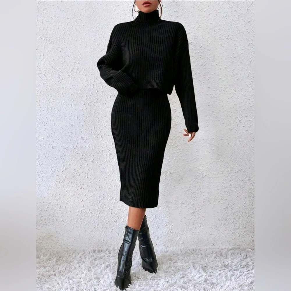 New Chic 2 Piece Ribbed Sweater Dress Black Two Piece Set - Picture 2 of 8